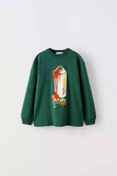 Футболка с принтом ZARA, зеленый