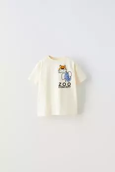 Футболка с принтом животных с флокированием ZARA, белый