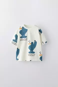 Футболка с птичьим принтом ZARA, экрю