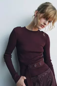 Футболка с ребристым поясом ZARA, бордовый