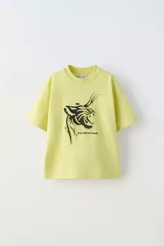 Футболка с рельфовым принтом тигра ZARA, светло-зеленый