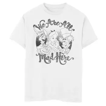 Футболка с рисунком «Алиса в Стране чудес» для мальчиков 8–20 лет, групповой снимок, «Мы все здесь без ума» Disney, белый