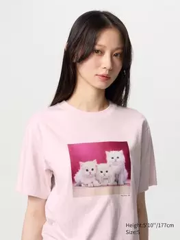 Футболка с рисунком cat photographs ut Uniqlo, цвет 10 розовый