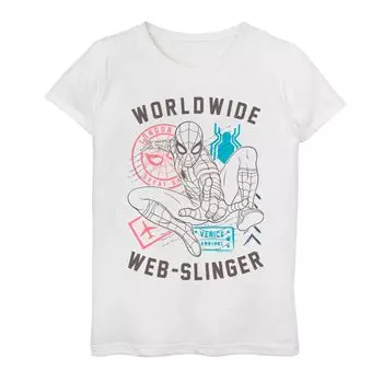 Футболка с рисунком «Человек-Паук Marvel» для девочек 7–16 лет, постер World Wide Web Slinger Licensed Character, белый