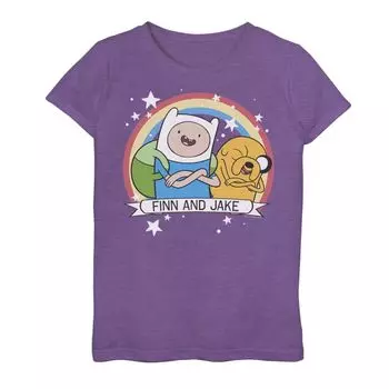Футболка с рисунком «Финн и Джейк» для девочек 7–16 лет Cartoon Network «Время приключений» и радужным баннером Cartoon Network