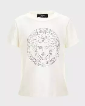 Футболка с рисунком Medusa и Greca для девочек Versace, цвет White Crystal