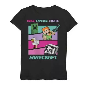 Футболка с рисунком «Minecraft Create Your World Build Explore» для девочек 7–16 лет. Licensed Character, черный