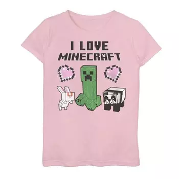 Футболка с рисунком Minecraft I Love Minecraft Friends для девочек 7–16 лет Creeper Rabbit Panda Licensed Character, розовый