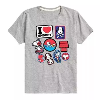 Футболка с рисунком Peanuts I Heart Snoopy Patches для мальчиков 8–20 лет Licensed Character, серый
