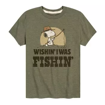 Футболка с рисунком Peanuts Wishin' I Was Fishin' для мальчиков 8–20 лет Licensed Character, цвет Heather Green