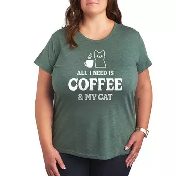 Футболка с рисунком Plus All I Need Coffee Cat Licensed Character, цвет Heather Green
