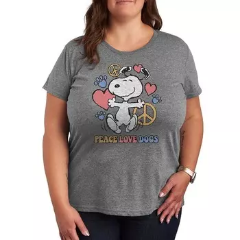 Футболка с рисунком Plus Peanuts Snoopy Peace Love Dogs Licensed Character, цвет Heather Gray