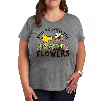 Футболка с рисунком Plus Peanuts Woodstock Smell The Flowers Licensed Character, цвет Heather Gray