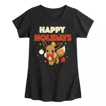 Футболка с рисунком Pokemon Happy Holidays Evee для девочек 7–16 лет Licensed Character, цвет Heather Black