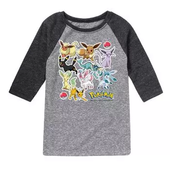 Футболка с рисунком реглан для мальчиков 8–20 лет с наклейками Pokemon Eevee Licensed Character, серый/черный