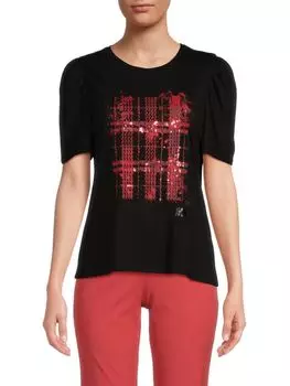 Футболка с рисунком в клетку с пайетками Dkny, цвет Black Scarlet