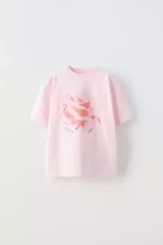Футболка с розой ZARA, розовый