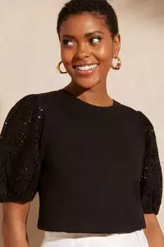 Футболка с рукавами-фонариками и открытой спиной с английской вышивкой Love & Roses, черный