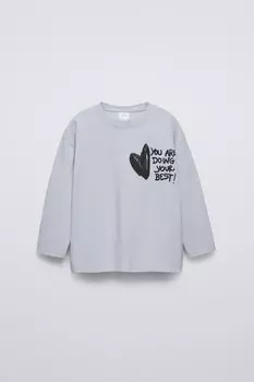 Футболка с сердцем граффити ZARA, сине-серый