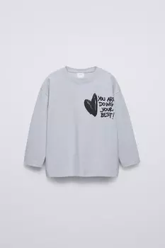 Футболка с сердцем граффити ZARA, сине-серый