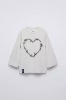 Футболка с сердцем и цветами ZARA, цвет ice