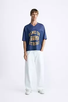 Футболка с сетчатой текстурой и лозунгом ZARA, синий