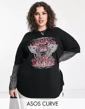 Футболка с сетчатыми вставками и рукавами со змеиным принтом ASOS DESIGN Curve Rock