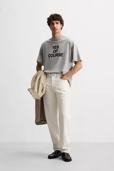 Футболка с текстурным лозунгом ZARA, серый мергель