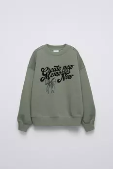 Футболка с тисненым текстом ZARA, средне-зеленый