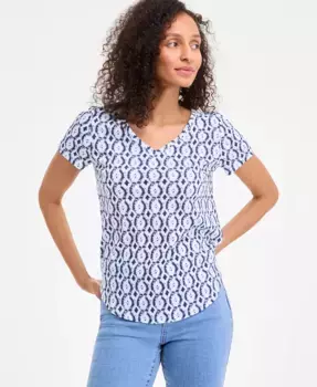 Футболка с V-образным вырезом и принтом из хлопковой смеси для женщин Style & Co, синий