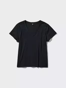 Футболка с V-образным вырезом из 100% хлопка supima Uniqlo, цвет 09 черный