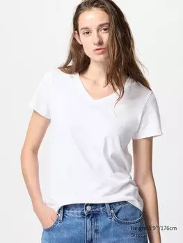 Футболка с v-образным вырезом из 100% хлопка supima Uniqlo, цвет 00 белый