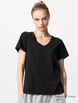Футболка с v-образным вырезом из 100% хлопка supima Uniqlo, цвет 09 черный