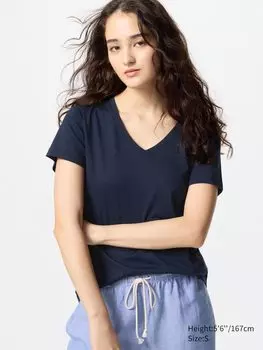 Футболка с v-образным вырезом из 100% хлопка supima Uniqlo, цвет 69 синий