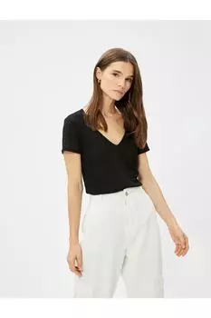 Футболка с V-образным вырезом Slim Fit Koton, черный