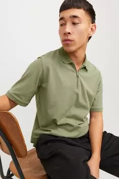 Футболка с воротником и короткой молнией Jack & Jones, хаки