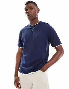 Футболка с воротником-стойкой из потертого хлопка плотностью 220 г/м темно-синего цвета Threadbare