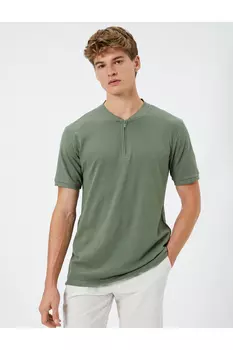 Футболка с воротником судьи и половиной молнии с короткими рукавами Koton, хаки