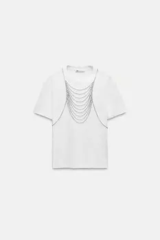 Футболка с воротником, украшенным драгоценными камнями ZARA, белый