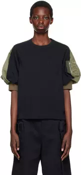 Футболка с вставками цвета морской волны и хаки sacai, синий/хаки