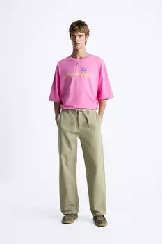Футболка с выцветшим принтом ZARA, неоново-розовый