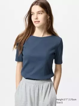 Футболка с вырезом лодочкой Uniqlo, цвет 67 синий