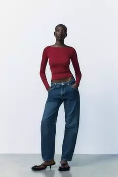 Футболка с вырезом-лодочкой в рубчик ZARA, бордовый