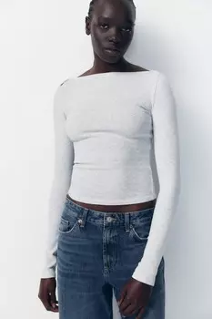 Футболка с вырезом-лодочкой в рубчик ZARA, серый мергель