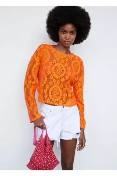 Футболка с вышитой дыркой Mango, оранжевый