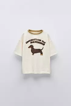Футболка с вышитой таксой ZARA, экрю