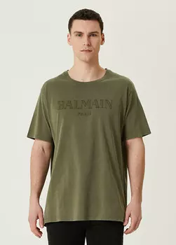 Футболка с вышитым логотипом Balmain, хаки