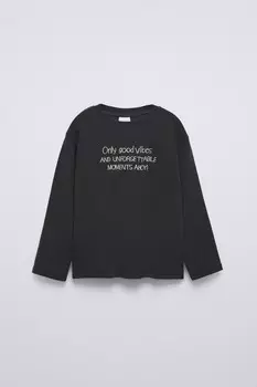 Футболка с вышитым лозунгом ZARA, темный антрацит
