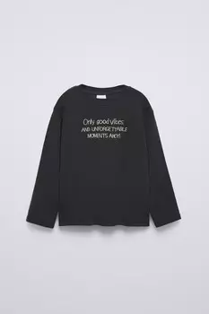 Футболка с вышитым лозунгом ZARA, темный антрацит