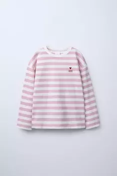 Футболка с вышитым сердцем в полоску ZARA, розовый